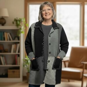 Studio Works Womens Patchwork Whipstitch Long Cardigan Sweater Gray Black Large